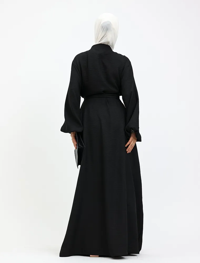 Black Linen Feel Nehru Collar Maxi